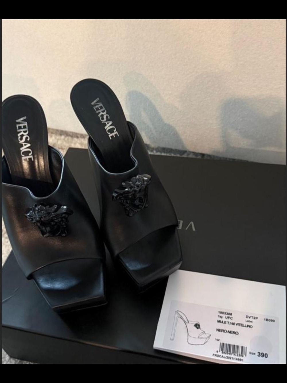 Versace Black Leather Medusa Platform Slide Mules